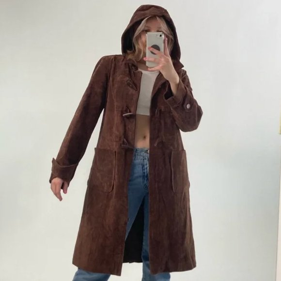 Vintage Jackets & Blazers - Vintage 90s Centigrade Suede Brown Hooded Longline Winter Duster Coat XS